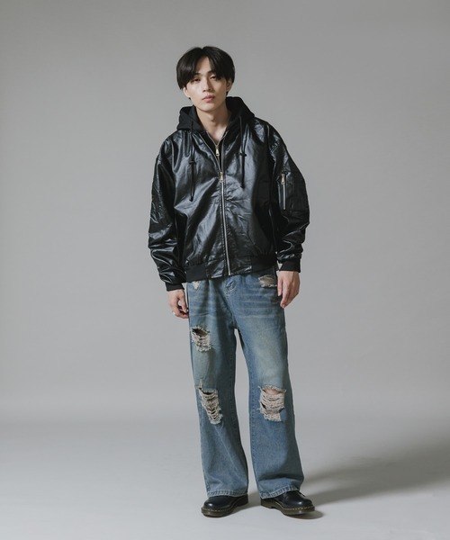 Theater code ma1 ma-1 Layered-Style Hooded Leather Jacket