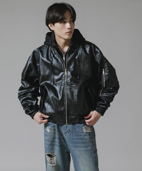 Theater code ma1 ma-1 Layered-Style Hooded Leather Jacket
