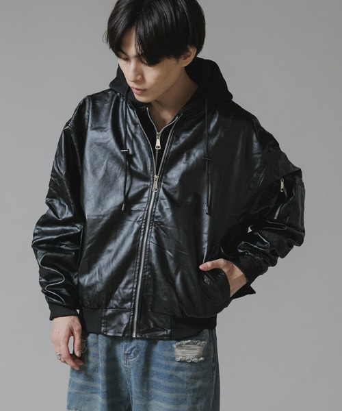 Theater code ma1 ma-1 Layered-Style Hooded Leather Jacket Theater code ma1 ma-1 Layered-Style Hooded Leather Jacket