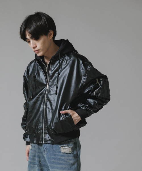 Theater code ma1 ma-1 Layered-Style Hooded Leather Jacket