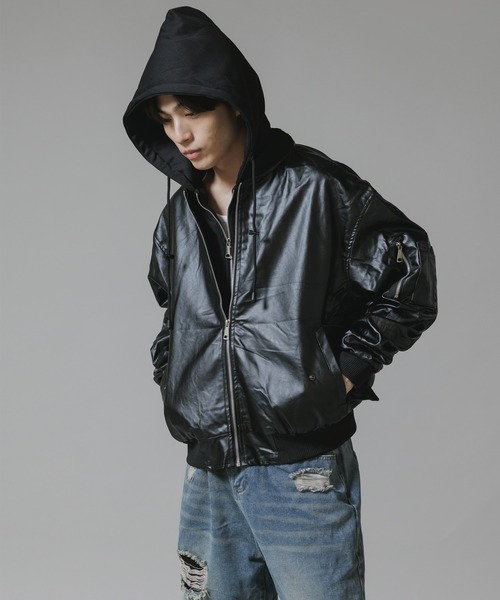Theater code ma1 ma-1 Layered-Style Hooded Leather Jacket