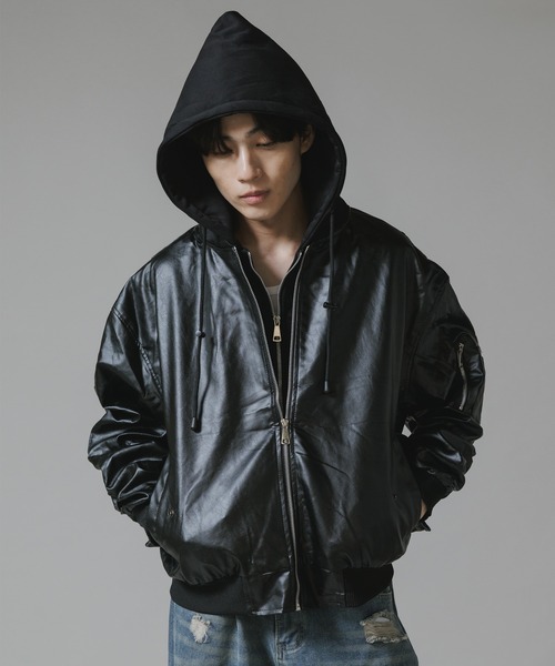 Theater code ma1 ma-1 Layered-Style Hooded Leather Jacket