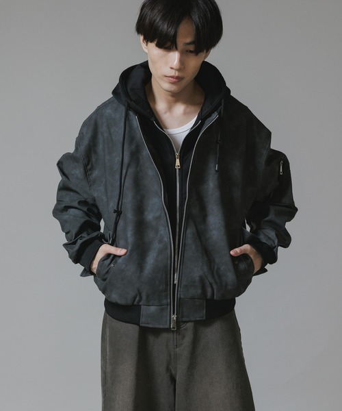 Theater code ma1 ma-1 Layered-Style Hooded Leather Jacket