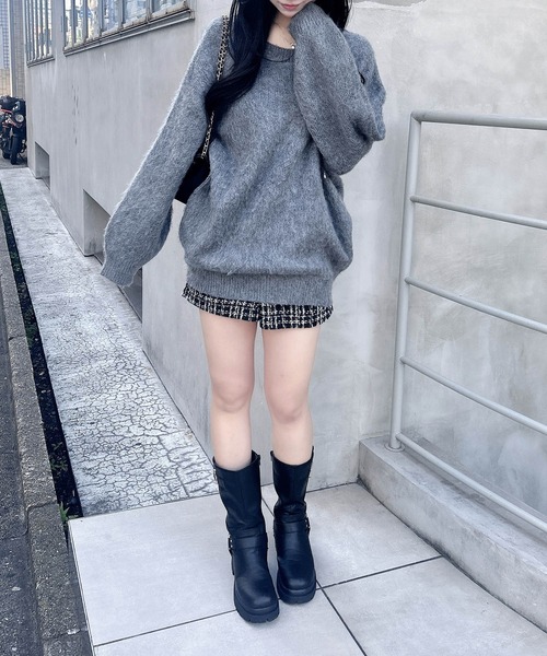 【美品】curensology ニットベロアチュニック／ グレー INGNI（イング） ニット セーター バックベロアリボンシャギー
