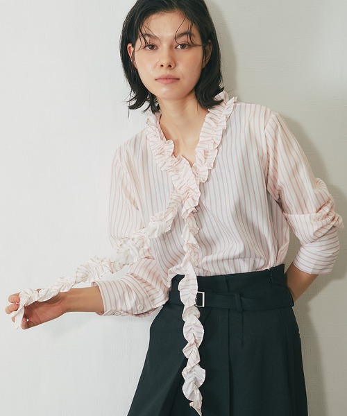 SMILE ORCHID ブラウス シャツ 垂れフリルストライプブラウス