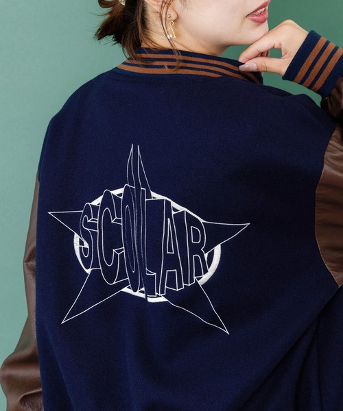 Scolar スタジャン ネイビー新品未使用 ScoLar（スカラー） スタジャン 153686：メルトン×合皮 異素材切替