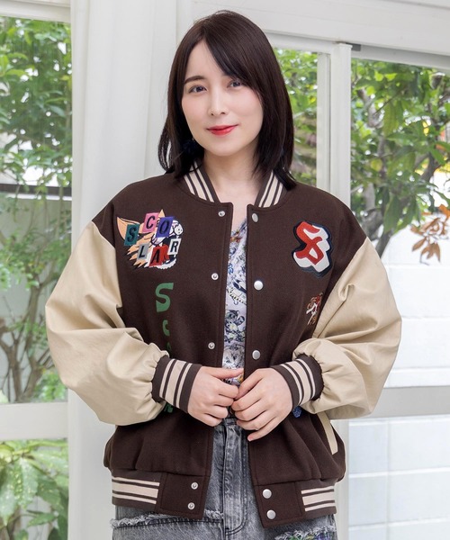 スカラー　153686：メルトン×合皮 異素材切替スタジャン 153686：メルトン×合皮 異素材切替スタジャンの通販-ScoLar