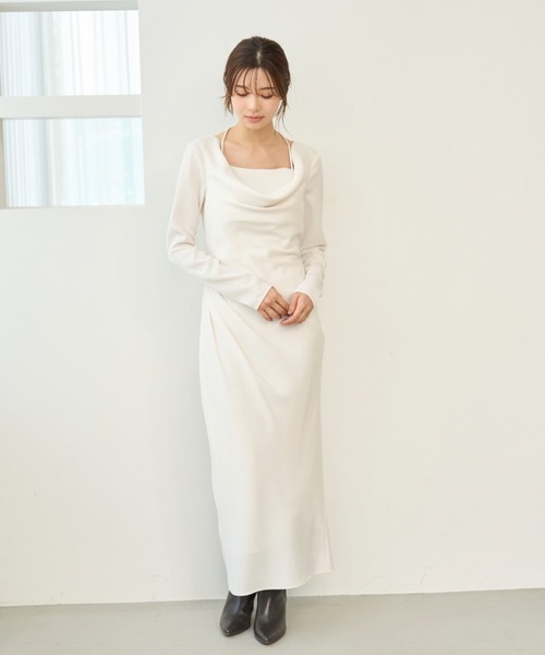 SNIDEL ソフトグリーン ドレープワンピース 長袖 Sustainable20周年プリントワンピース(マキシ・ロングワンピース