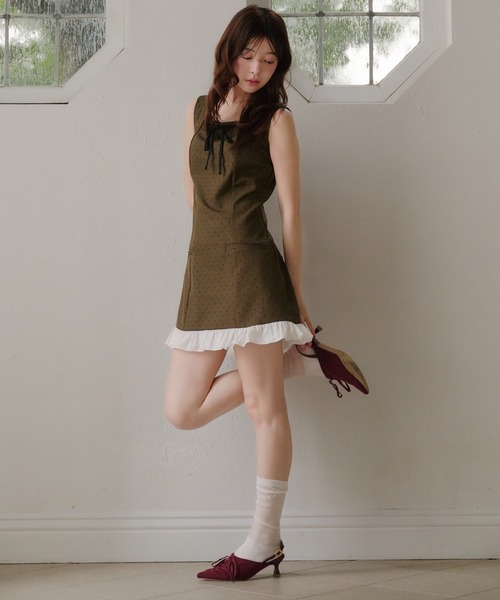 fupel 　ドットフリルミニワンピース　ブラウン fupel ワンピース dot frill mini onepiece / ドットフリルミニ