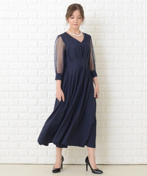 Lace Ladies（レースレディース） ドレス ドット柄 シアー袖 ロング