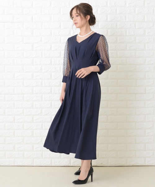 【Sサイズ】ブラック ドット柄 シースルー袖 パーティードレス Amazon | [EightSTAR Dress] パーティードレス ワンピース シースルー