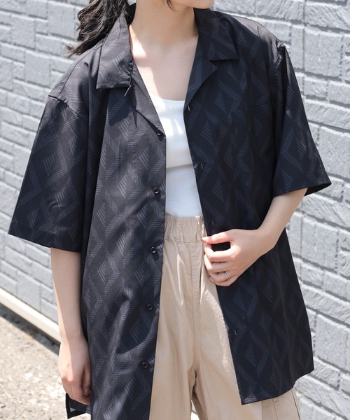 シャツ 「0」総柄プリント ビッグシルエット オープンカラー半袖