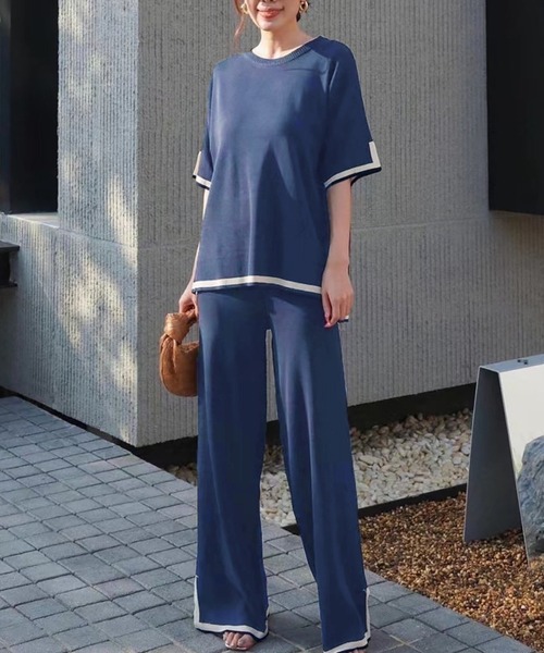 Doula セットアップ 配色ニットプルオーバー＆パンツ レディース