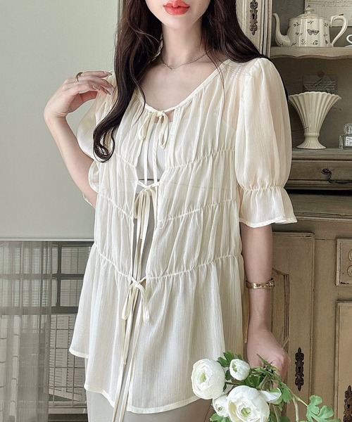 Meiru ブラウス シャツ 2wayシャーリングシアーブラウス