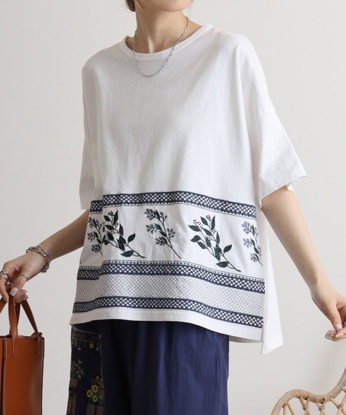 tシャツ EMAGO 裾植物刺繍Tシャツ レディース