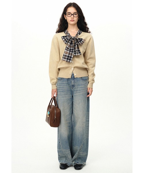 カーディガン チェック柄 ボウタイリボン ニットカーディガン FQ24S171