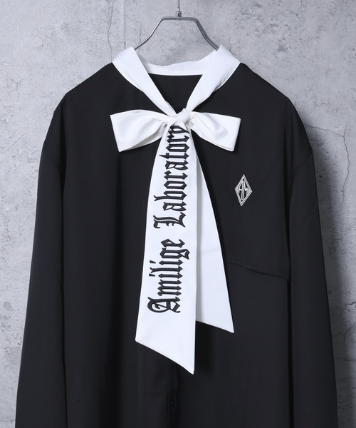 ブラウス シャツ 刺繍リボンネクタイ付きバイカラーシャツ レディース メンズ Amilige ブラウス シャツ 刺繍リボンネクタイ付きバイカラー