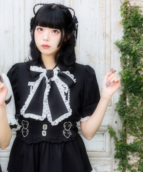 ブラウス シャツ レースフリルたっぷり上品ボウタイリボンブラウス レディース DearMyLove ブラウス シャツ レースフリルたっぷり上品ボウタイ
