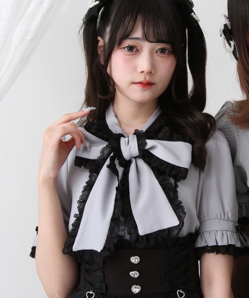 DearMyLove ブラウス シャツ 夏 レースフリルたっぷり上品ボウタイ 