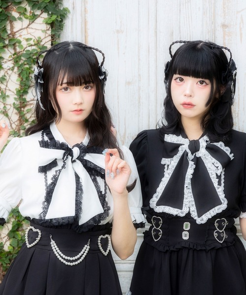 DearMyLove ブラウス シャツ 夏 レースフリルたっぷり上品ボウタイ