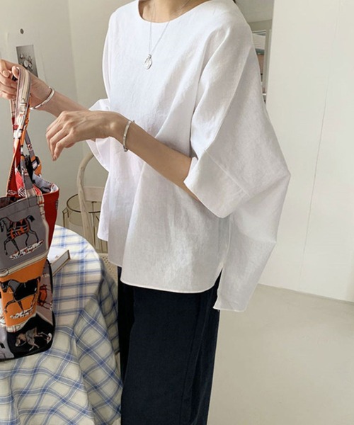 ブラウス シャツ シンプル五分袖プルオーバーブラウス レディース