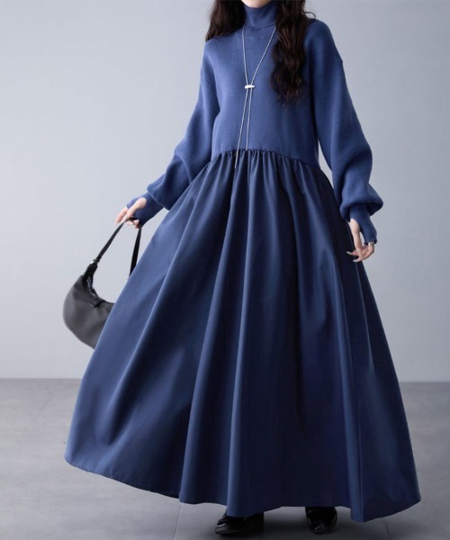 ワンピース ギャザー入りハイネックAラインワンピース | ブランド登録なし