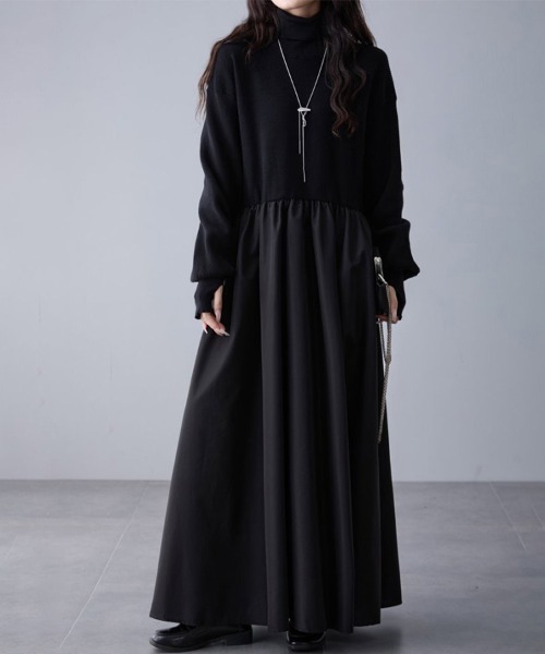 ワンピース ギャザー入りハイネックAラインワンピース | ブランド登録なし | 01