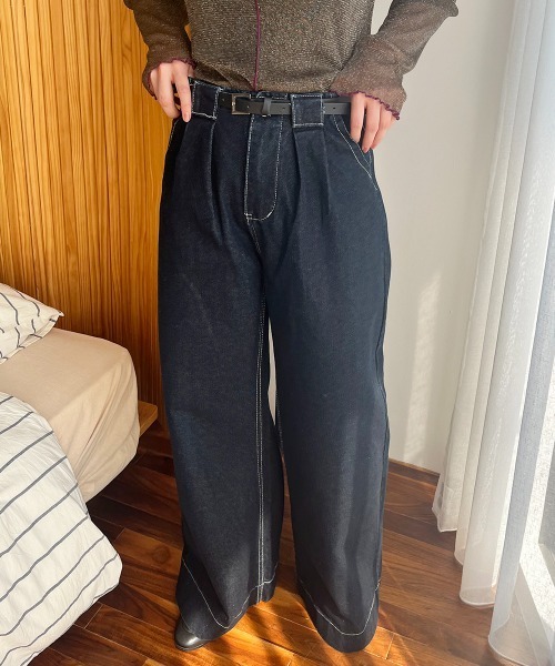 ワイドパンツ ジーンズ デニム デニムパンツ タックデザイン ハイ