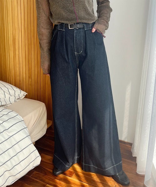 ワイドパンツ ジーンズ デニム デニムパンツ タックデザイン ハイ
