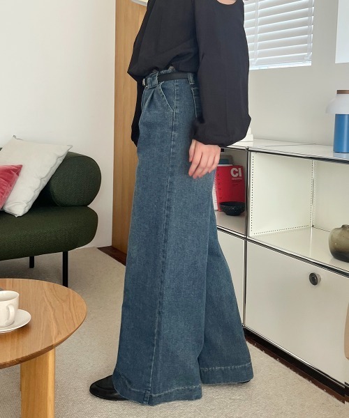 ワイドパンツ ジーンズ デニム デニムパンツ タックデザイン ハイ