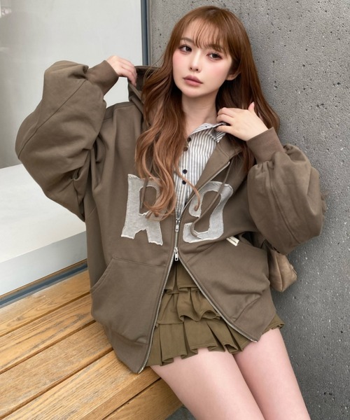 現品即発送☆リバティ C＆Sアデラジャカーキ×ブラウン×星ワッペン コップ袋 Ray Cassin（レイカズン） パーカー ロゴワッペンフードジップパーカー