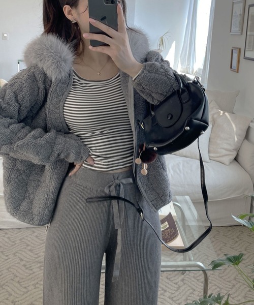 leune（ルネ） カーディガン パイルキルティングエコファーフード