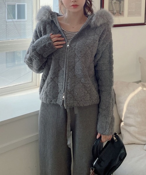 ルネ　フード付きジップアップロングカーディガン ルネ フード付きジップアップロングカーディガン