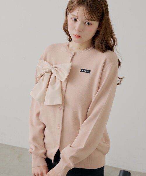 Chico リボン付きカーディガン ピンク Chico（チコ） カーディガン 「WEB限定カラーあり」リボンルーズ