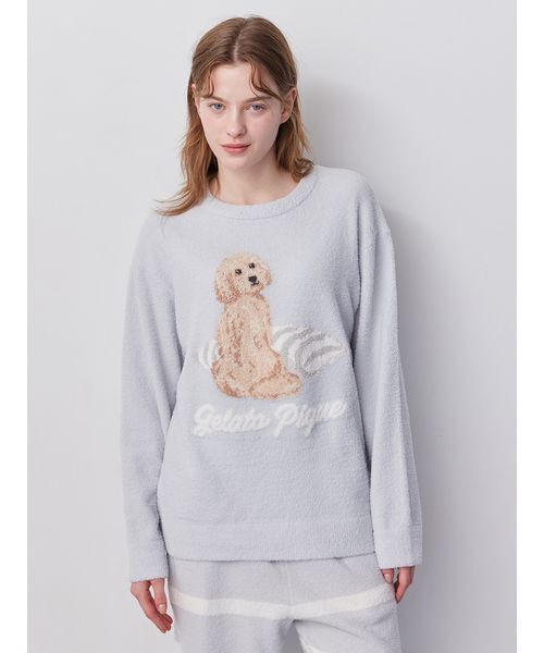 パジャマ ルームウェア 「ONLINE限定」「UNISEX」エアリーモコプレイフルDOGジャガードプルオーバー＆ボーダーロングパンツセット レディースの画像