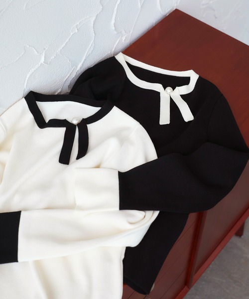 「RUIRUE BOUTIQUE」 長袖ニット L ネイビー×ホワイト レディース_画像2