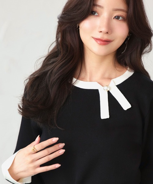 「RUIRUE BOUTIQUE」 長袖ニット L ネイビー×ホワイト レディース_画像3