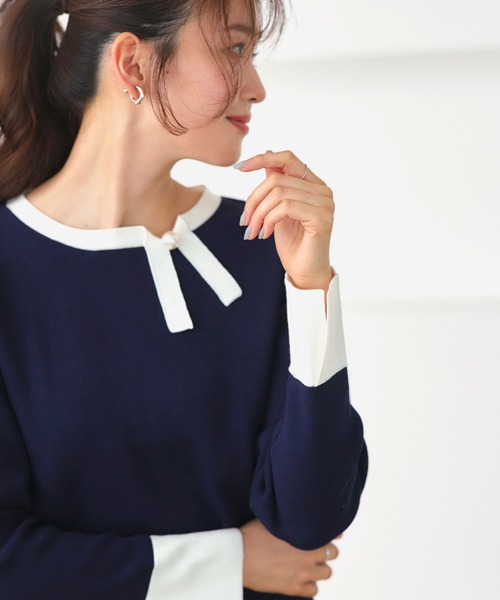 「RUIRUE BOUTIQUE」 長袖ニット L ネイビー×ホワイト レディース_画像9
