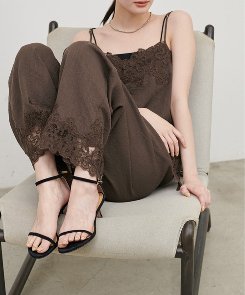 パンツ 「LARUTA」麻タッチ細コードレースパンツ レディースの画像