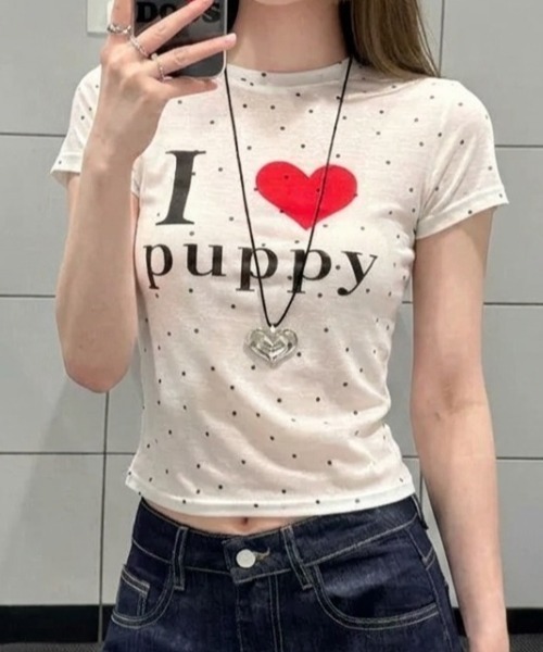 tシャツ 半袖 ロゴプリントTシャツ ドット柄ピチT レディース