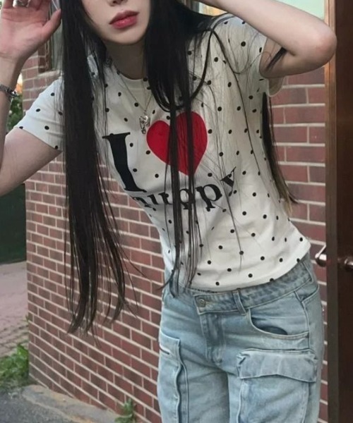 tシャツ 半袖 ロゴプリントTシャツ ドット柄ピチT レディース