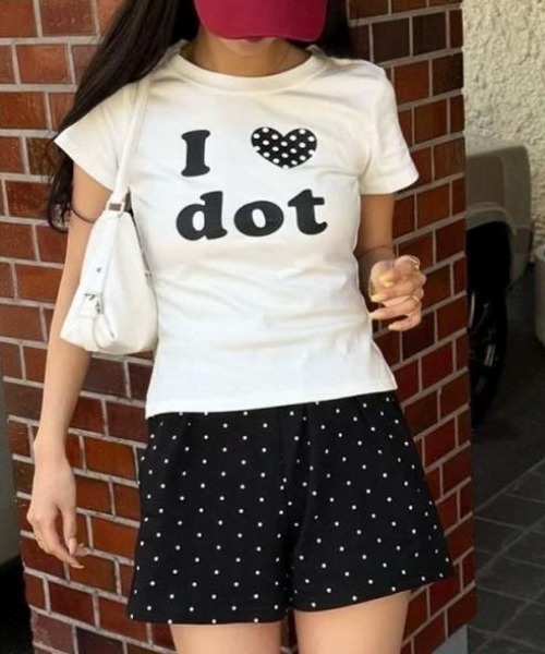tシャツ 半袖 ロゴプリントTシャツ ドット柄ピチT レディース