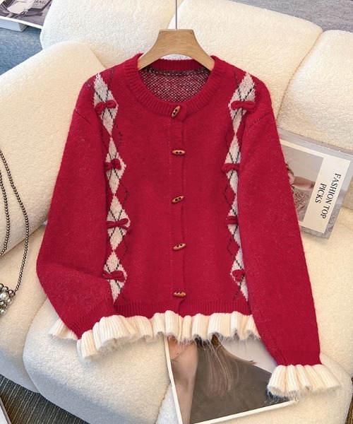 LUCPY カーディガン リボンアーガイル フリルニットカーディガン