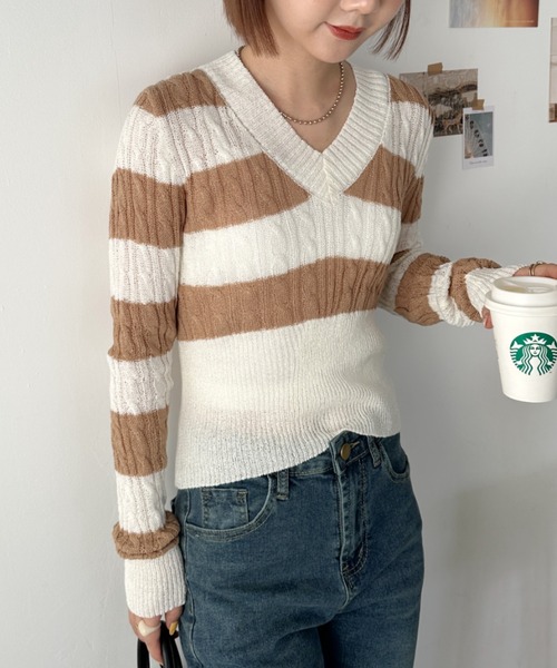 CLEA ニット セーター ボーダーショート丈メッシュニットトップス