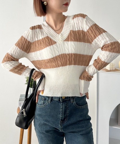 ニット セーター ボーダーメッシュ編みショート丈ニット/洗える レディース MK MICHEL KLEIN ニット セーター ボーダーメッシュ編みショート