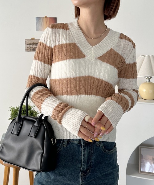 ニット セーター ボーダーメッシュ編みショート丈ニット/洗える レディース CLEA ニット セーター ボーダーショート丈メッシュニット