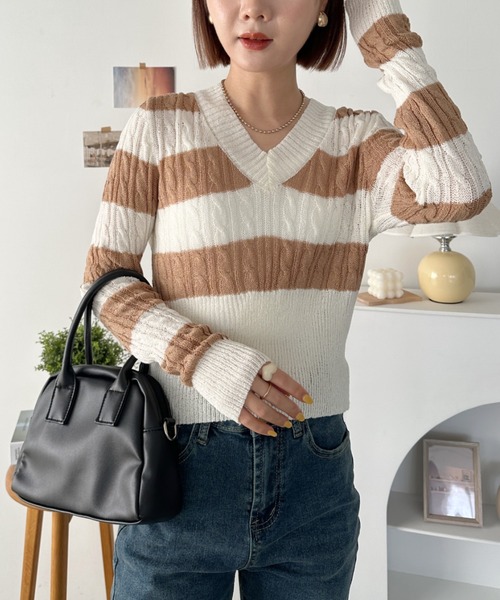 CLEA ニット セーター ボーダーショート丈メッシュニットトップス