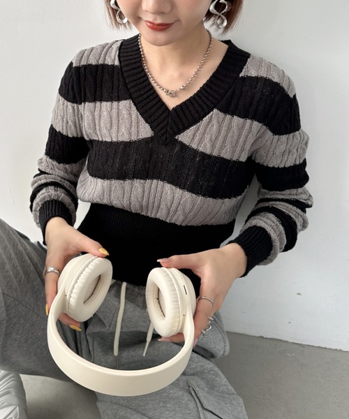 ニット セーター ボーダーメッシュ編みショート丈ニット/洗える レディース MK MICHEL KLEIN ニット セーター ボーダーメッシュ編みショート