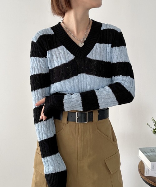 CLEA ニット セーター ボーダーショート丈メッシュニットトップス