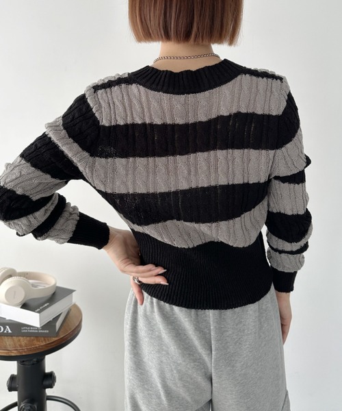 CLEA ニット セーター ボーダーショート丈メッシュニット